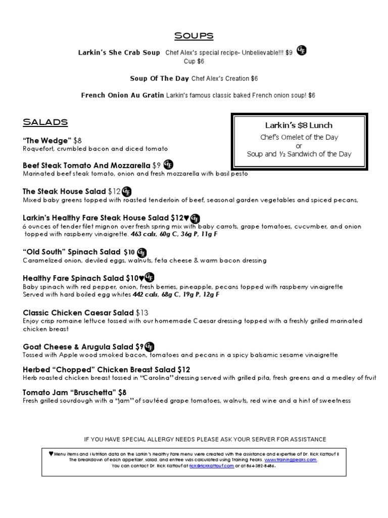 Larkin's Menu and Nutrition Guide | PDF | Salad | Foods