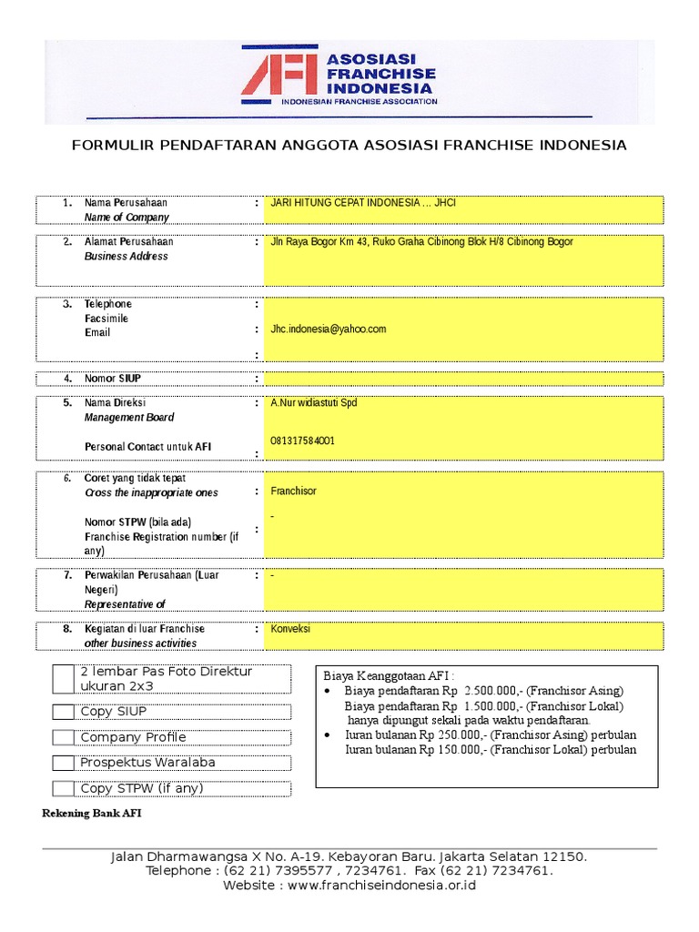 Formulir Pendaftaran Anggota AFI | PDF | Bisnis