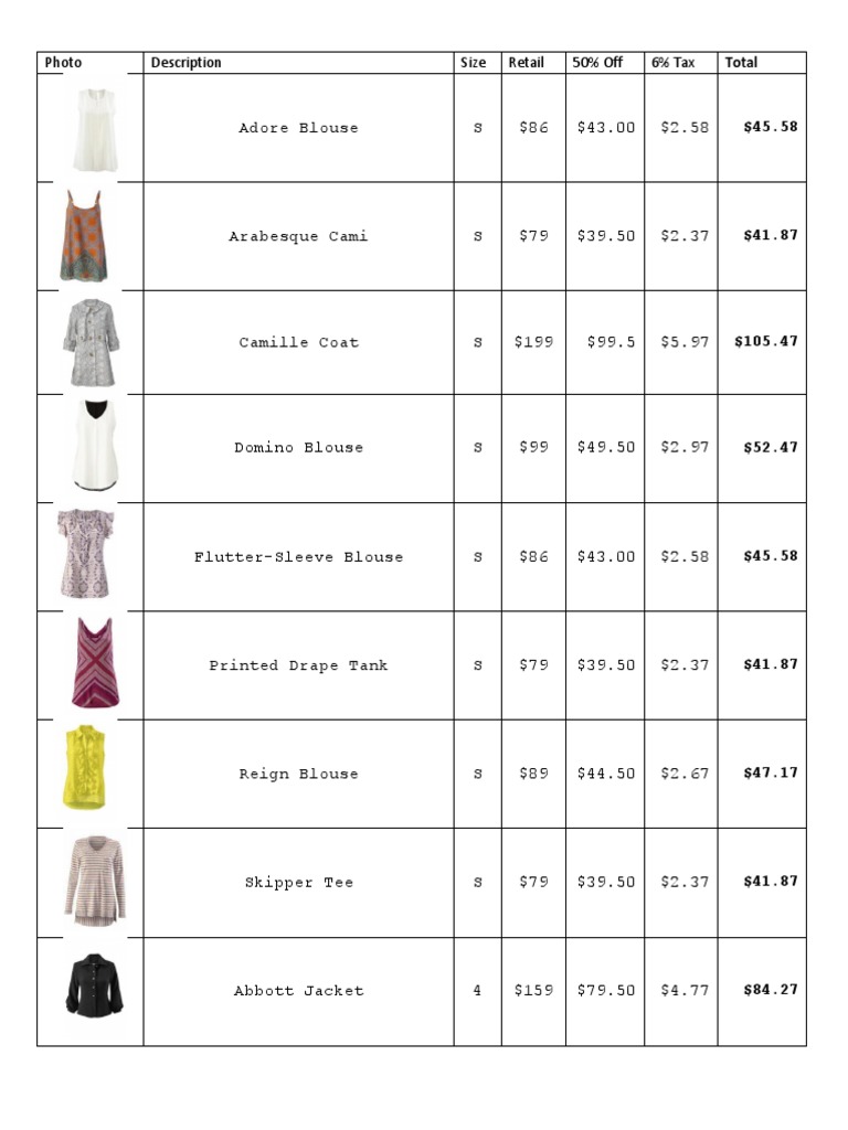 Fall 15 Inventory Photo Sheet | PDF | Clothing | Fashion