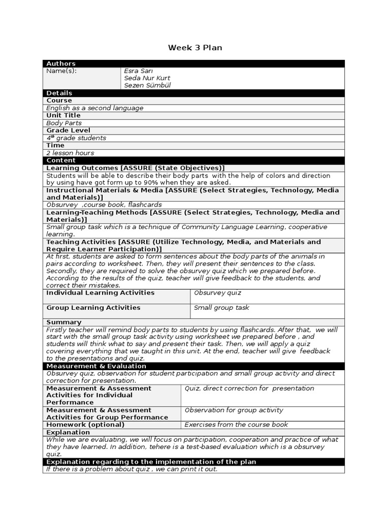 Week 3 ESL Lesson Plan: Body Parts | PDF | Language Arts & Discipline ...