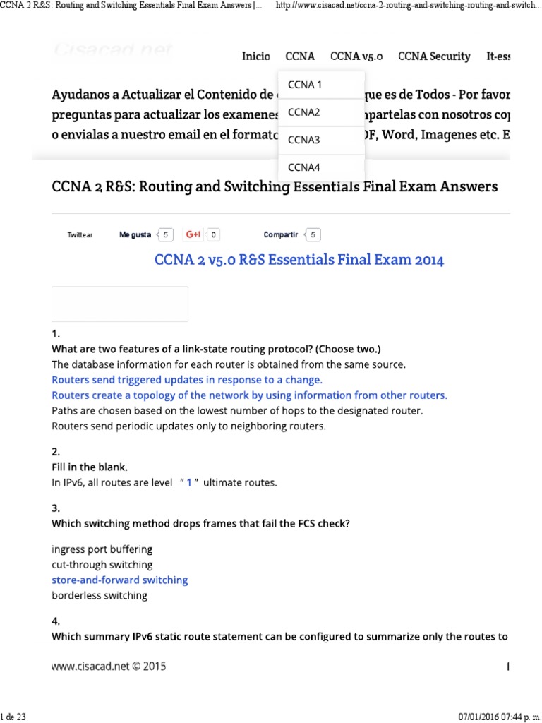 Ccna 2 R S Routing And Switching Essentials Final Exam Answers Examenes Cisco Ccna V5 0 Cisacad Vocational Education Telecommunications Infrastructure