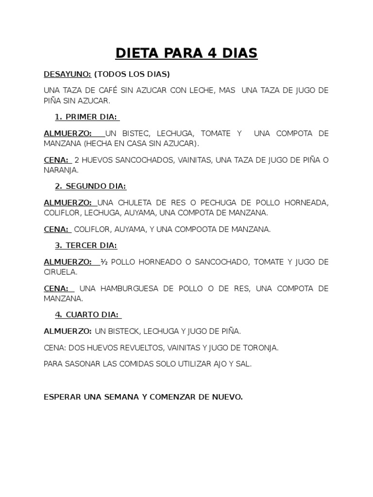Dieta De Los 4 Días Para Adelgazar 6 Kilos: Resultados Rápidos