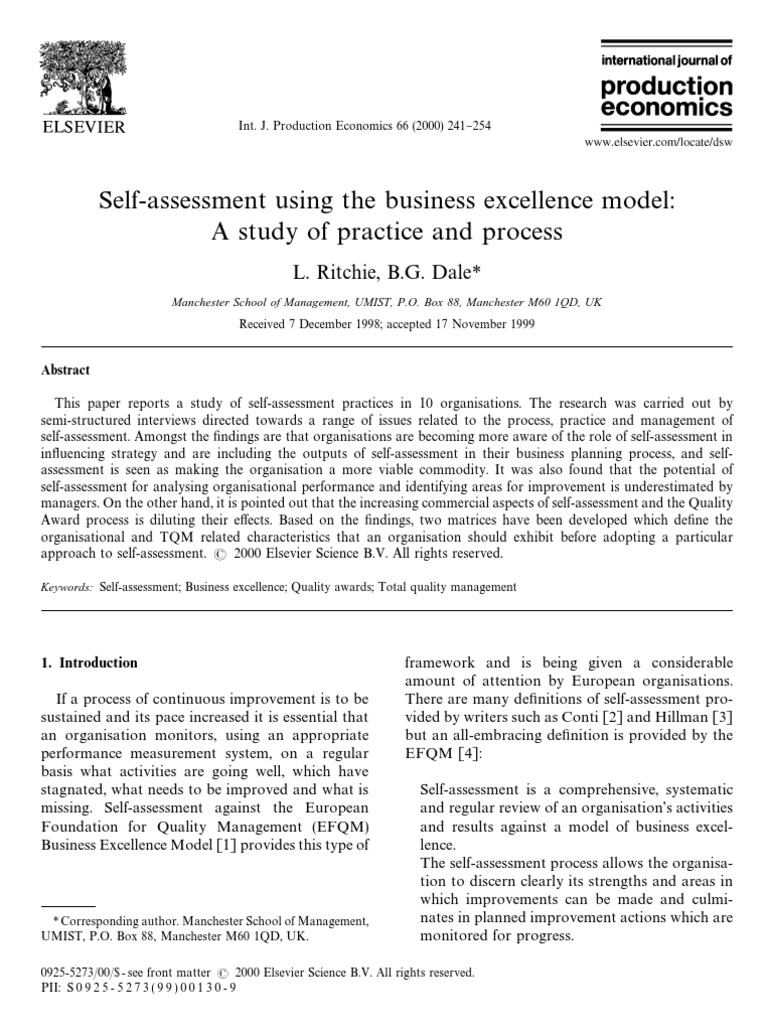 Self Assessment Using The Business Excellence Methodology Economies