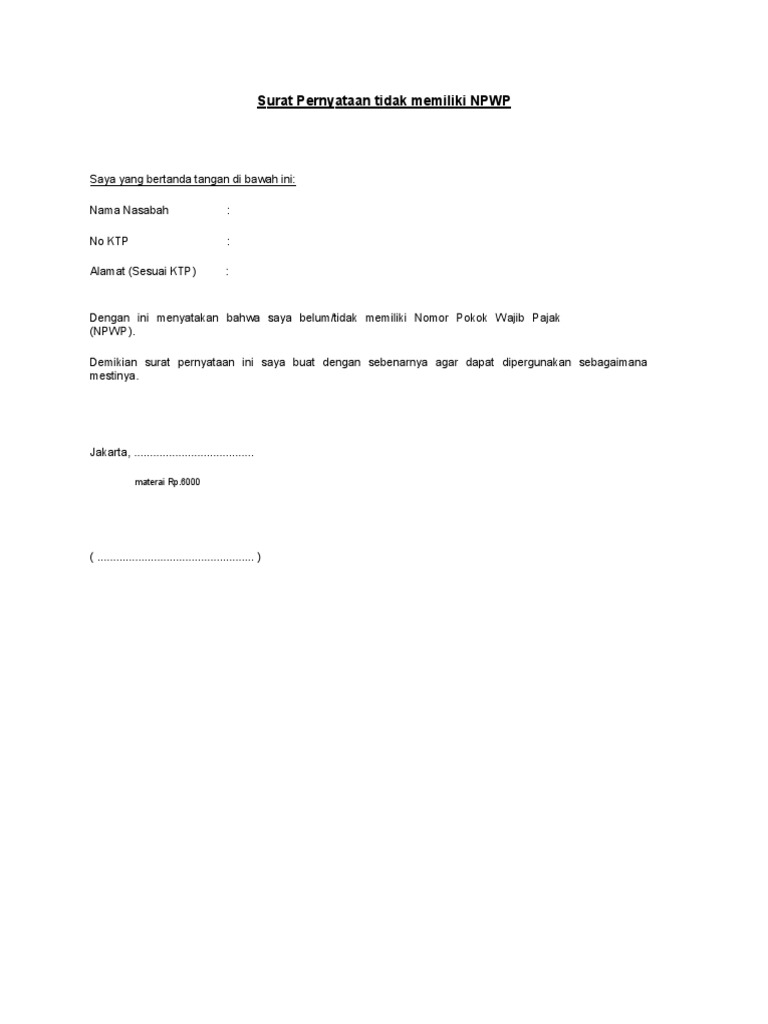 Surat Pernyataan Tidak Memiliki Npwp