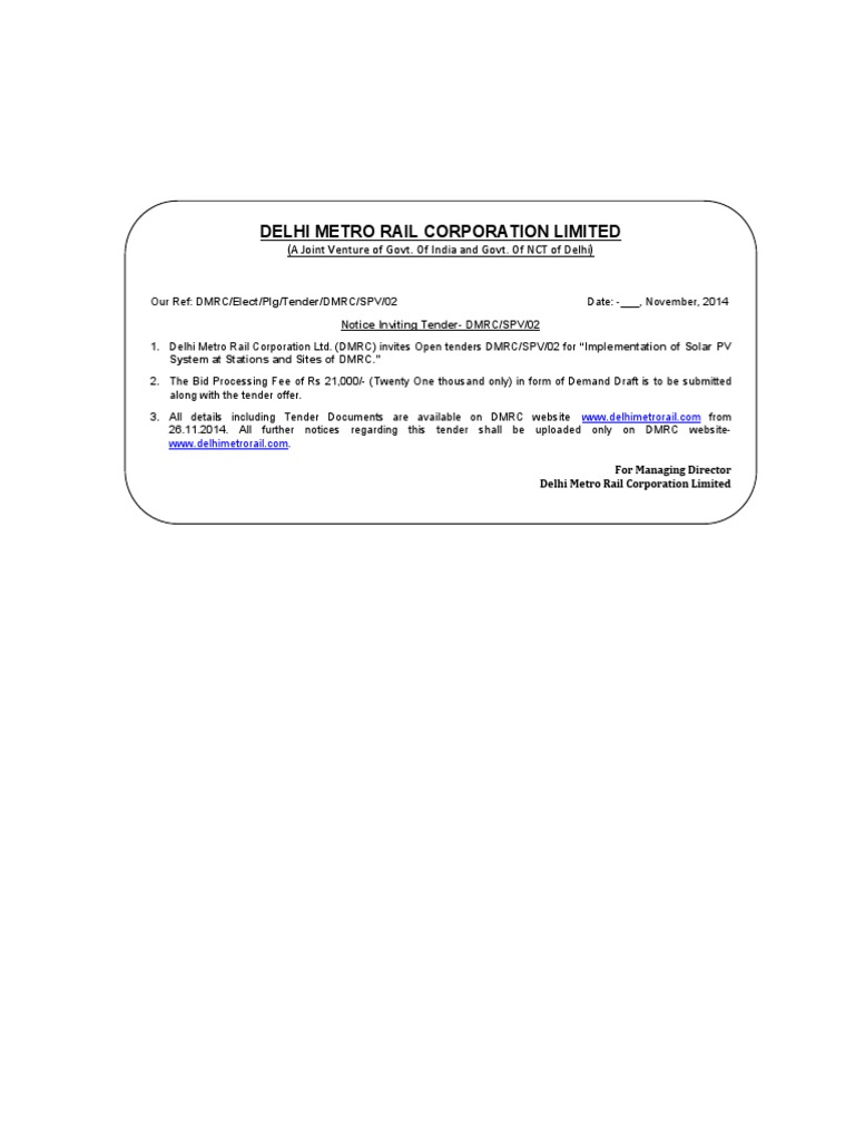 DMRC Solar PV System Tender Notice | PDF