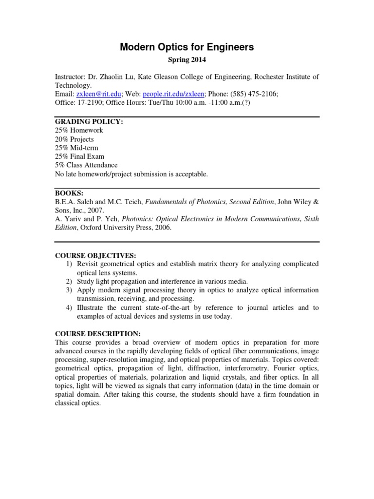 Syllabus Modern Optics PDF Waveguide Optics