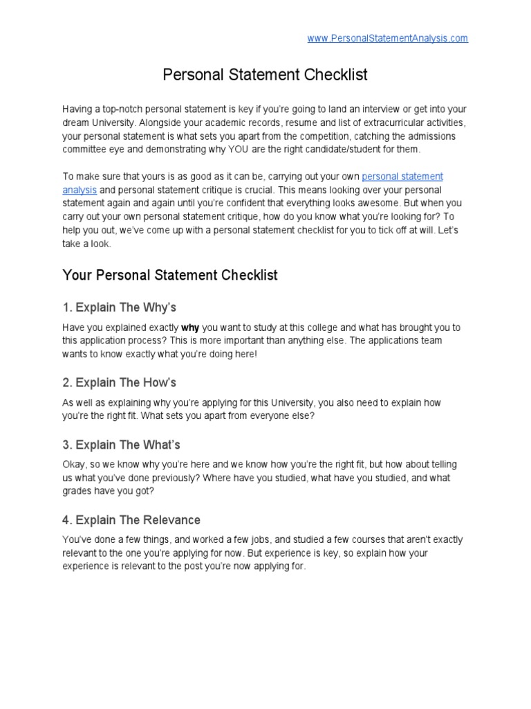 Personal Statement Checklist Guide | PDF | Cognitive Science | Cognition