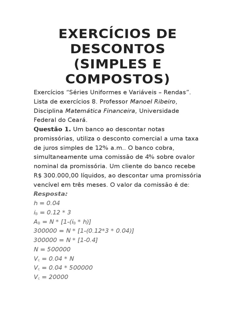 Exercícios De Descontos Pdf Desconto Juros
