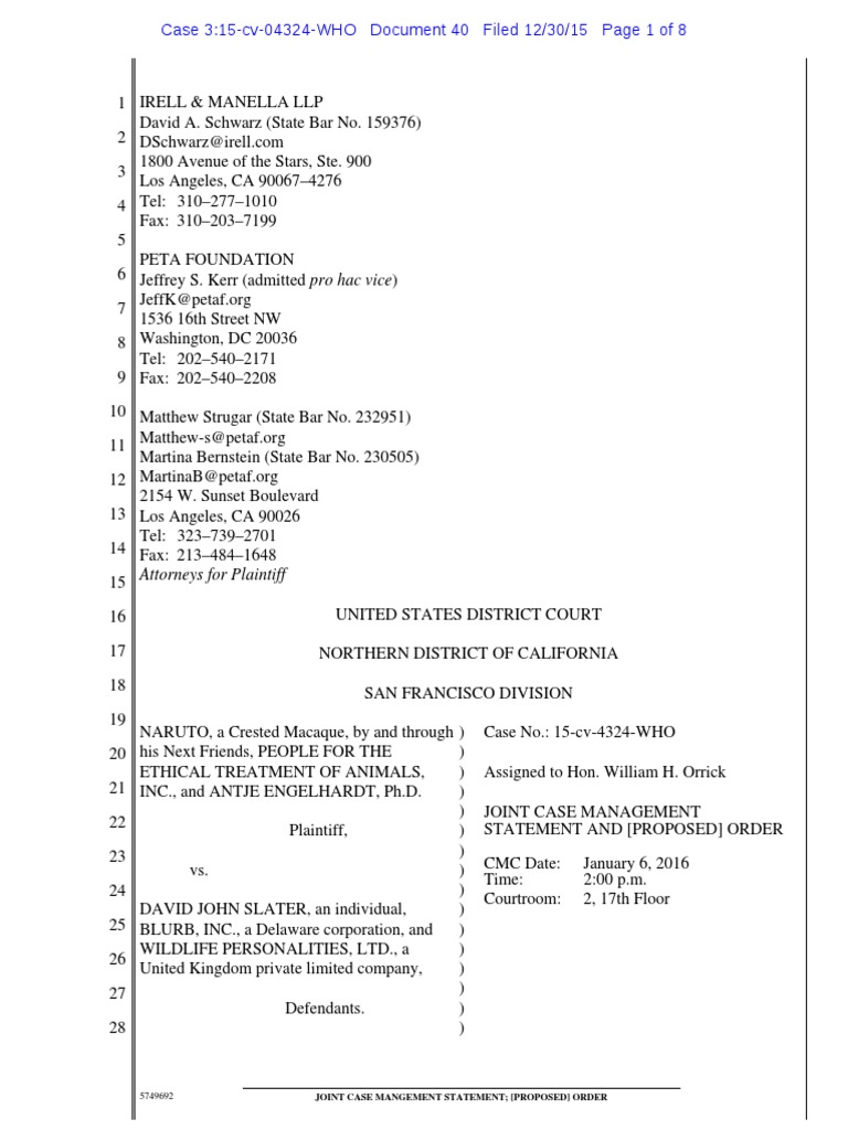 Naruto v. Slater Joint Case Management.pdf Discovery (Law) Pleading