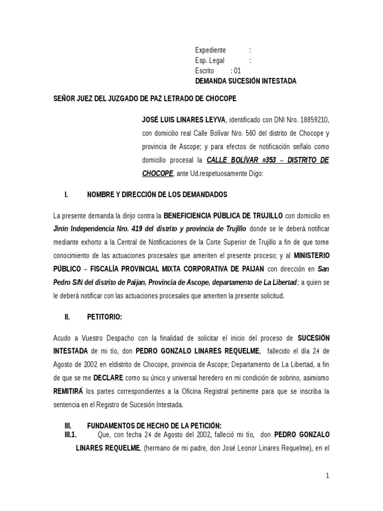 Demanda de Sucesion Intestada | PDF | Herencia | Demanda judicial