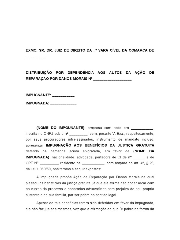 Impugnação a Justiça Gratuita Modelo | PDF | Julgamentos | Lei Estatutária