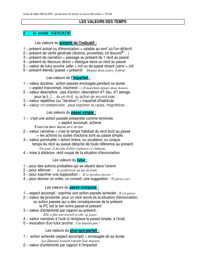 Exercices Modes Et Temps 3ème Pdf 35 Valeurs Emplois Temps Modes Verbaux PDF | PDF
