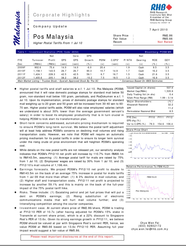 Pos Malaysia Berhad :Higher Postal Tariffs From 1 Jul 10 ...