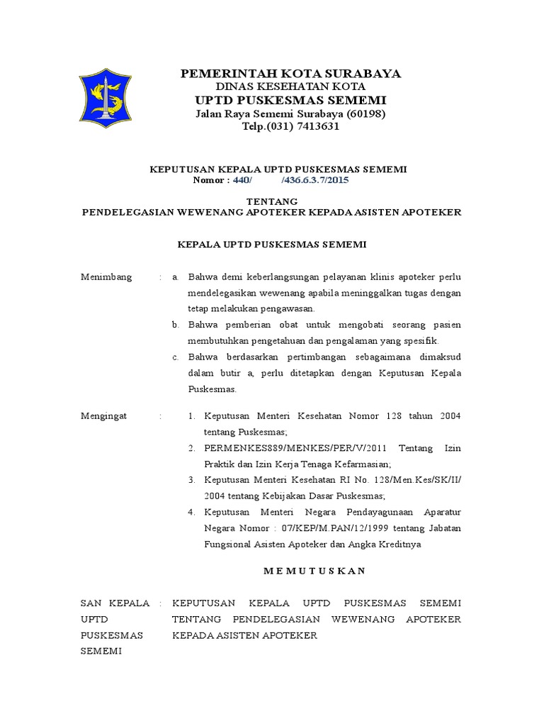 Sk Pendelegasian Wewenang Apoteker Kepada Asisten Apoteker