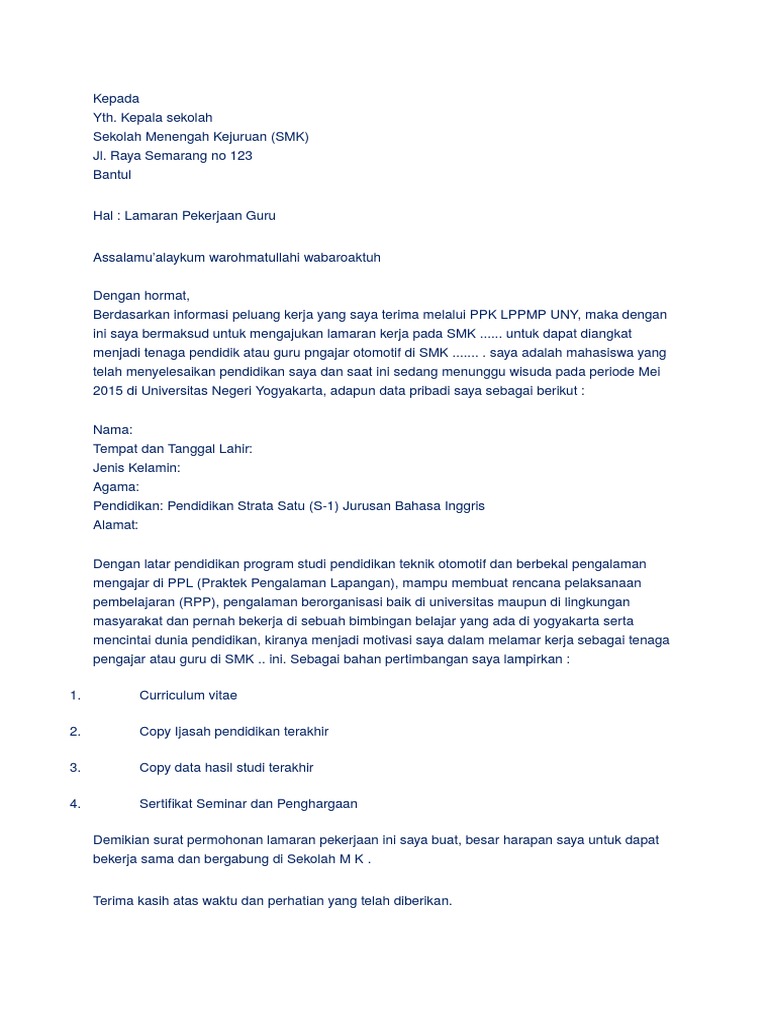 Contoh Surat Lamaran Kerja Guru Pdf