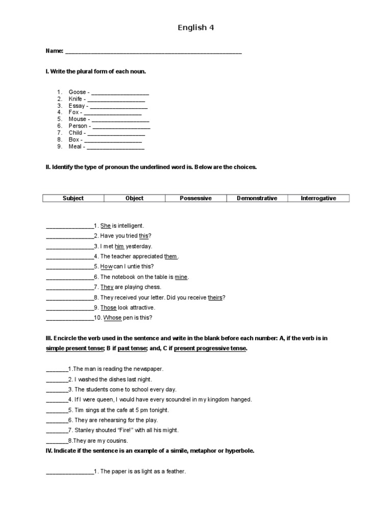 Grade 4 English Answer Key | PDF | Verb | Pronoun