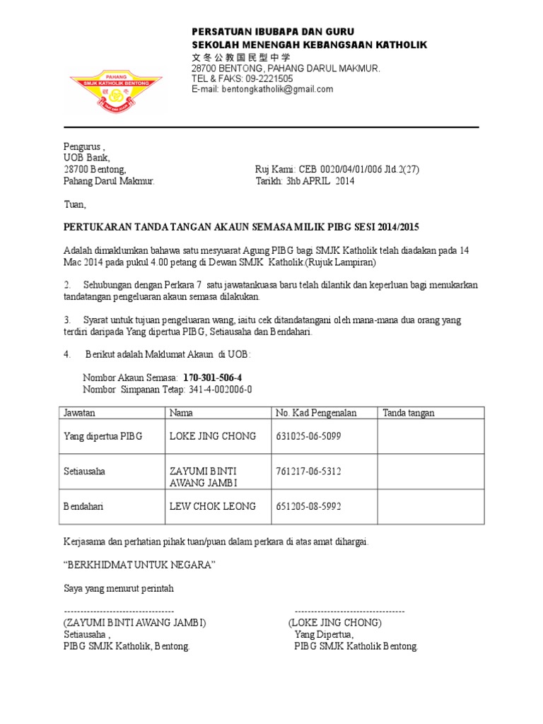 Contoh Surat Pertukaran Tandatangan Bank