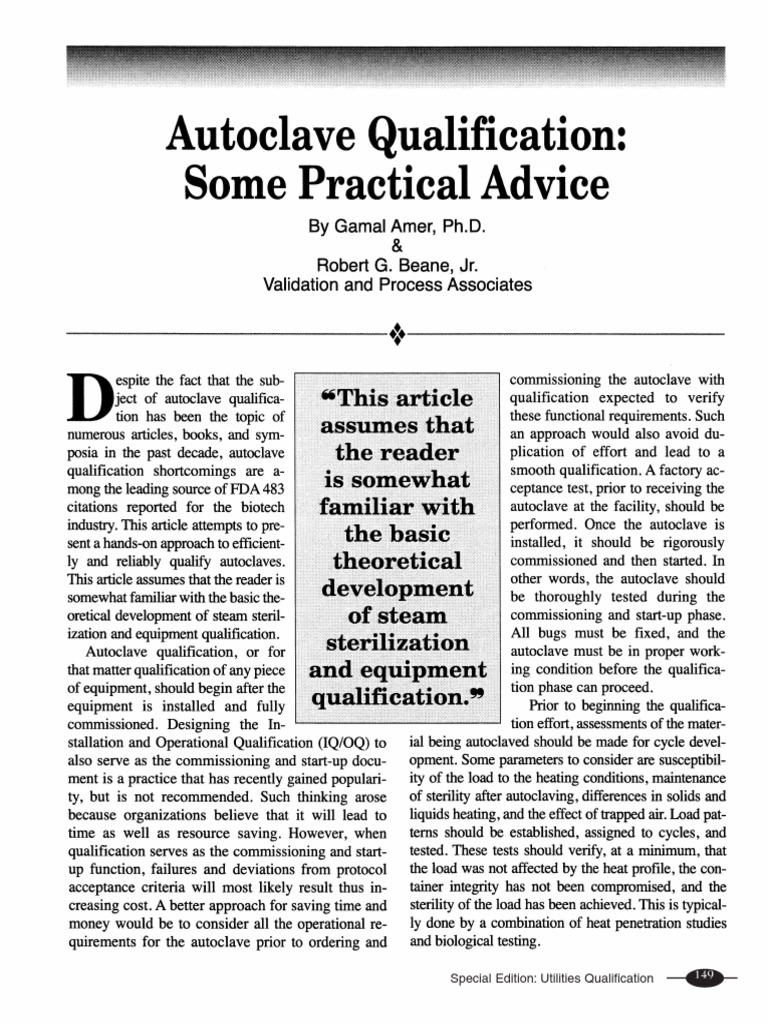 Autoclave Qualification Some Practical Advice PDF Verification And