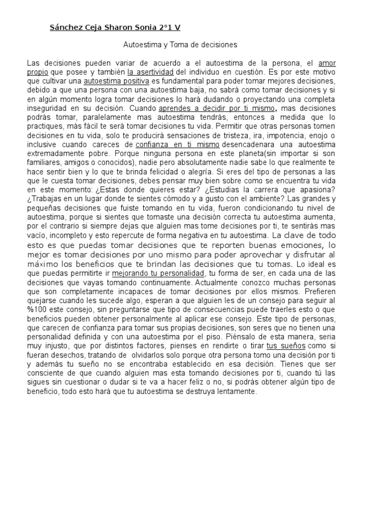 Autoestima y decisiones en la vida | PDF | Autoestima | Toma de decisiones