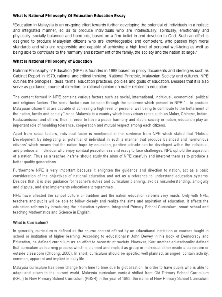 What Is National Philosophny of Education Education Essay  PDF 