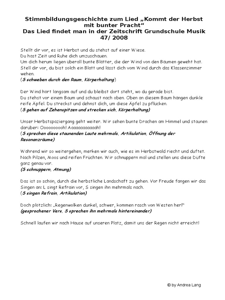 Stimmbildungsgeschichte Lied Kommt Der Herbst Mit Bunter Pracht