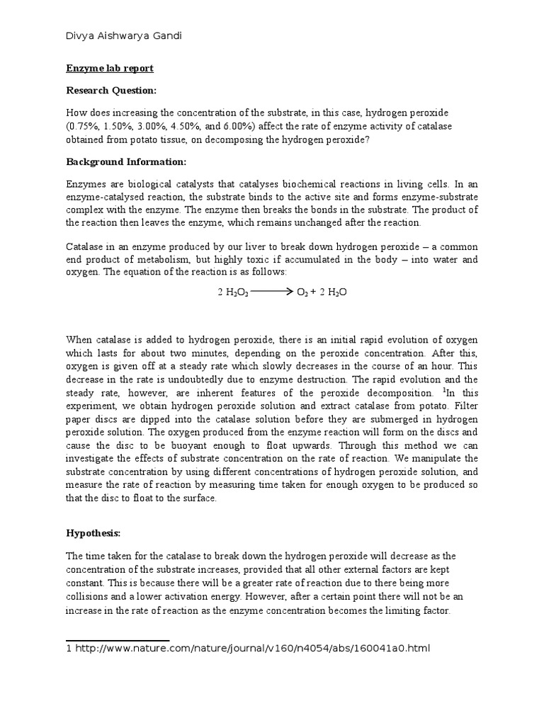Enzyme Lab Report Catalase Substrate (Chemistry)
