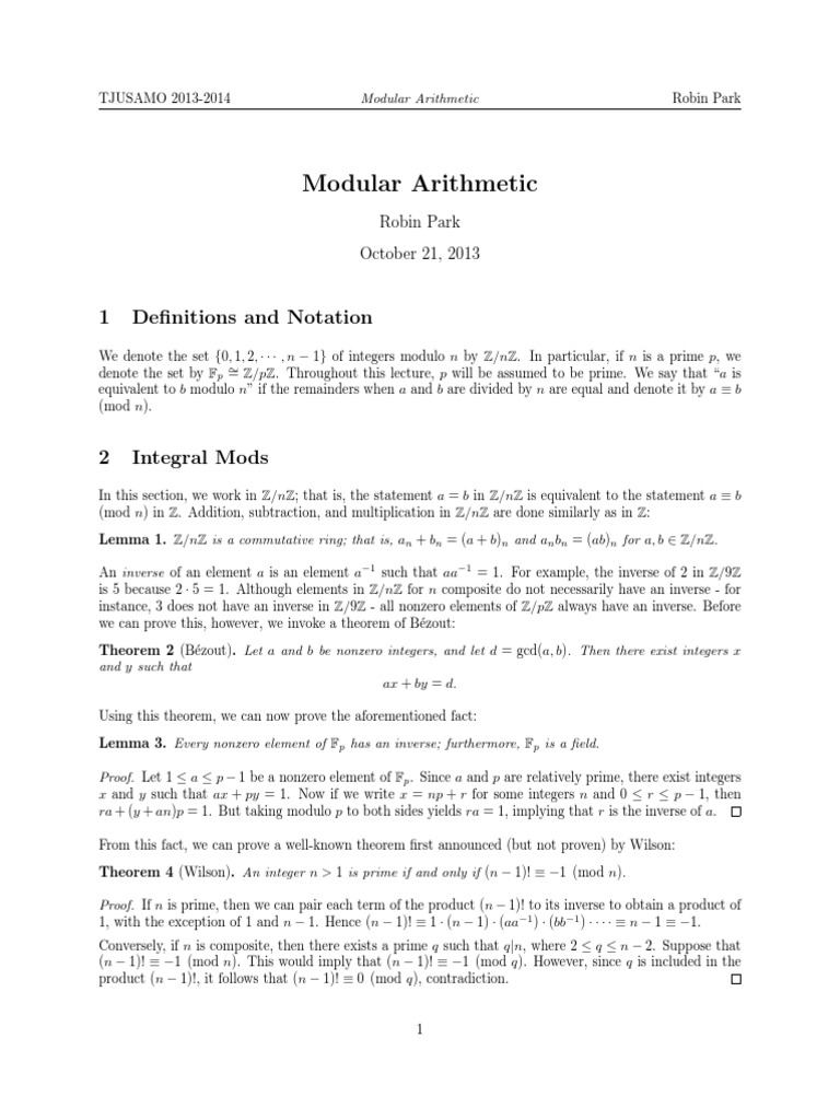 TJUSAMO 2013-2014 Modular Arithmetic | PDF | Prime Number | Ring ...
