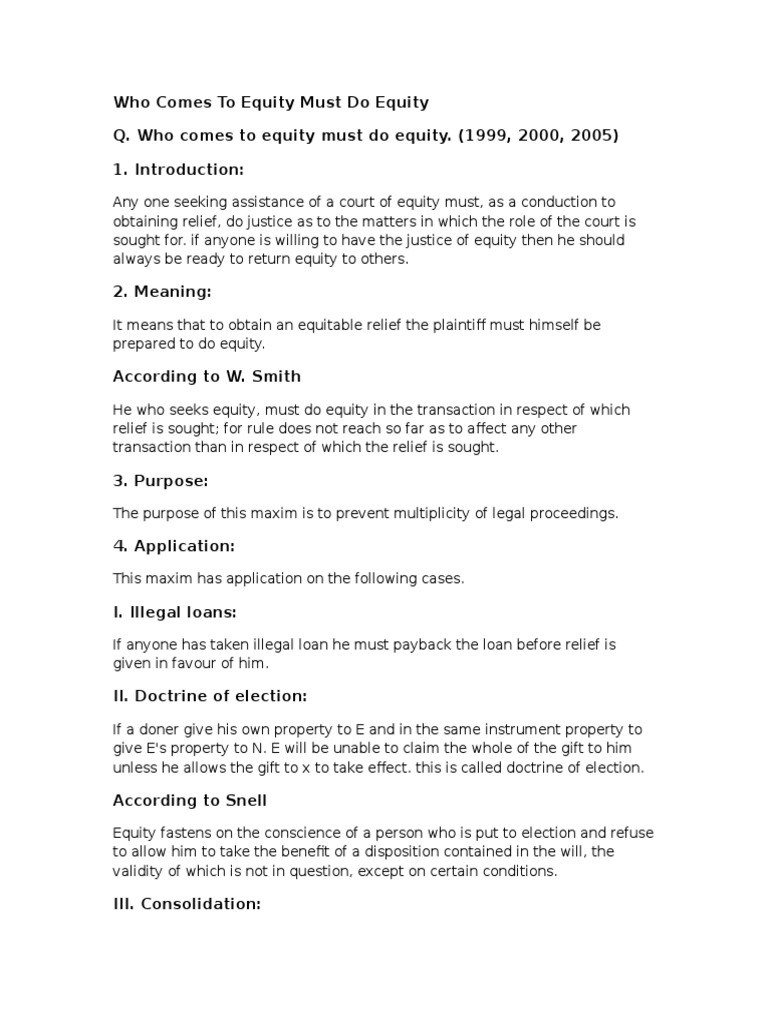 Who Comes To Equity Must Do Equity PDF Equity (Law) Mortgage Law