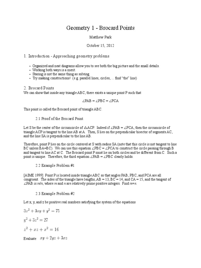 Brocard Points in Triangle Geometry | PDF | Triangle | Circle