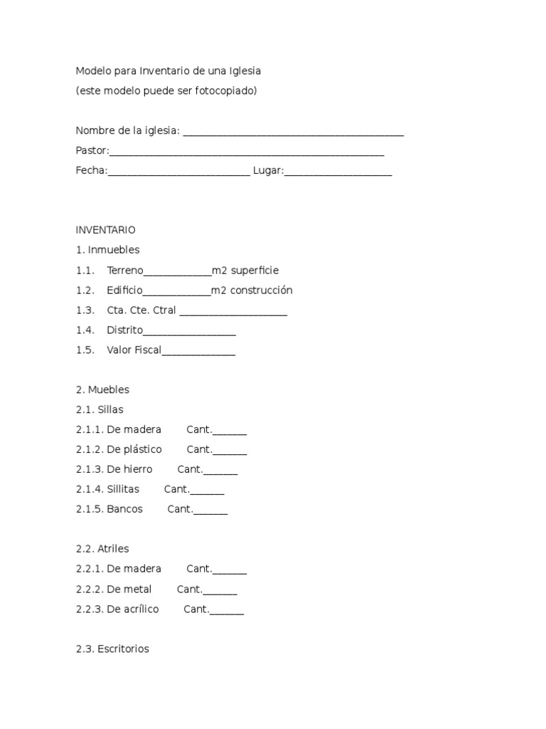Modelo de Inventario para Iglesias | PDF