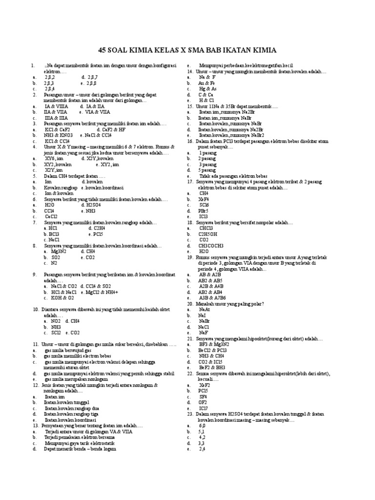 45 Soal Kimia Kelas X Sma Bab Ikatan Kimia