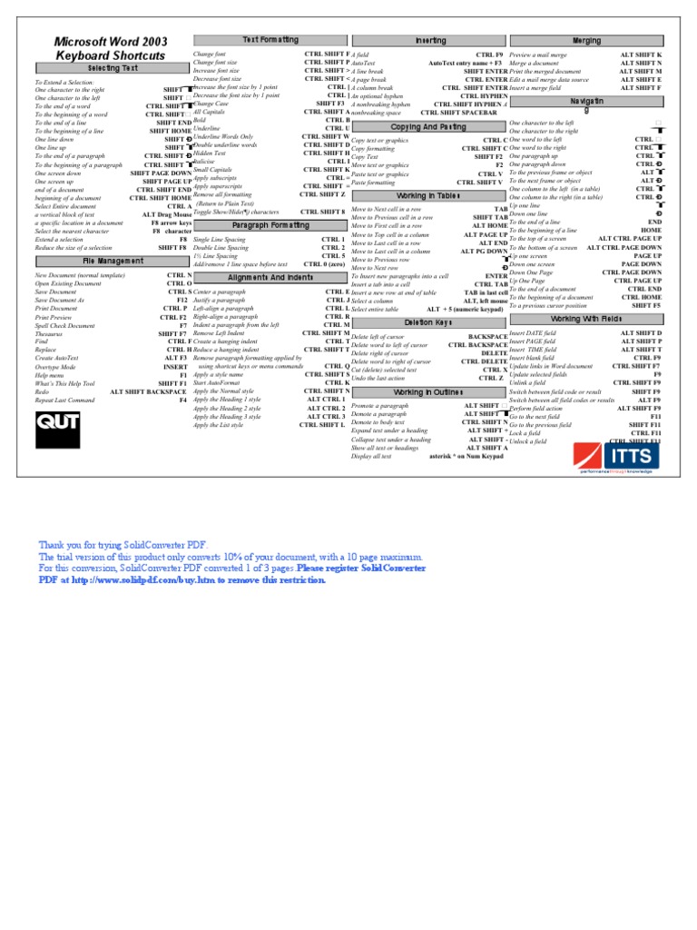 Microsoft Word 2003 Keyboard Shortcuts | PDF | Typography | Control Key