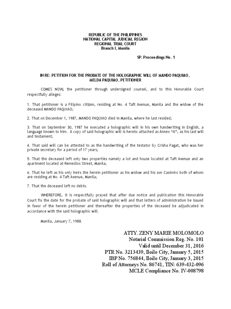 petition for probate holographic will | pdf