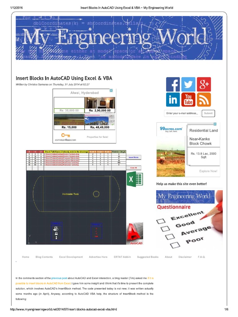 Insert Blocks in AutoCAD Using Excel & VBA My Engineering World PDF