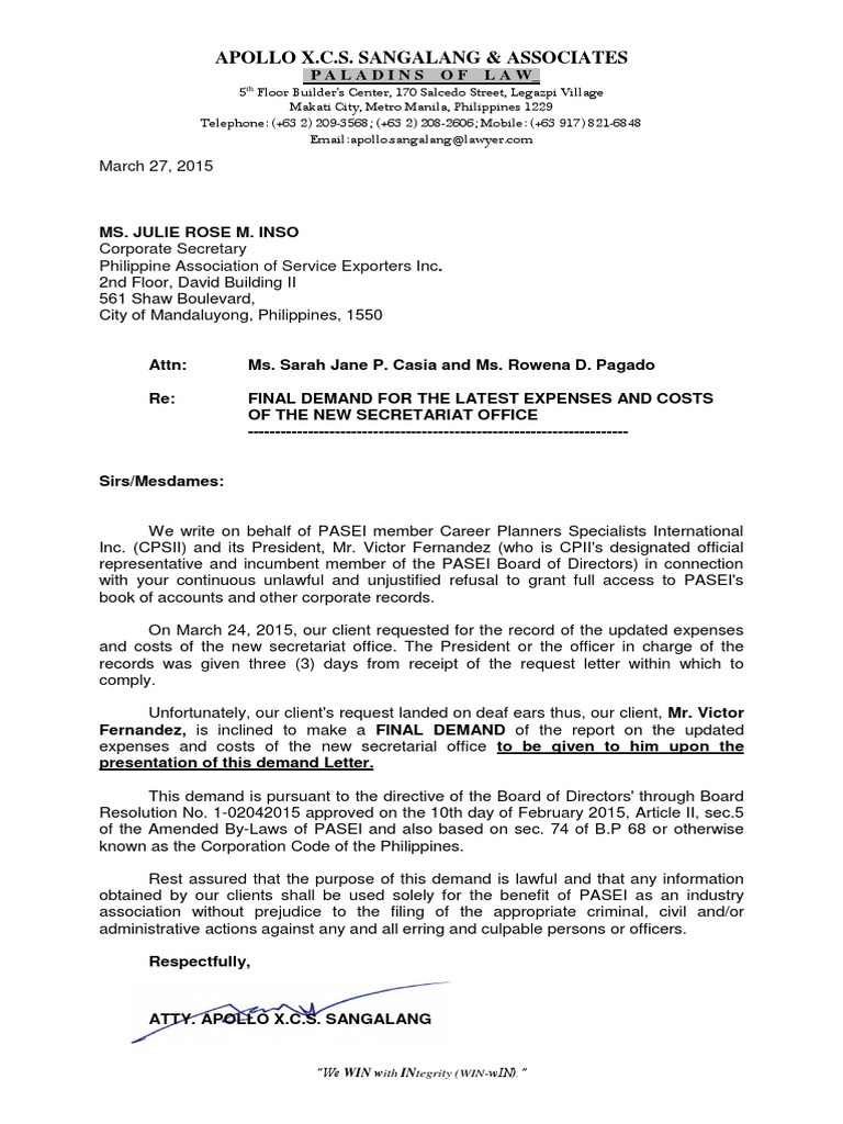 Demand Letter For Construction Expenses | PDF