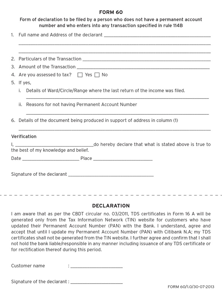 Form 60: PAN Declaration Guide | PDF