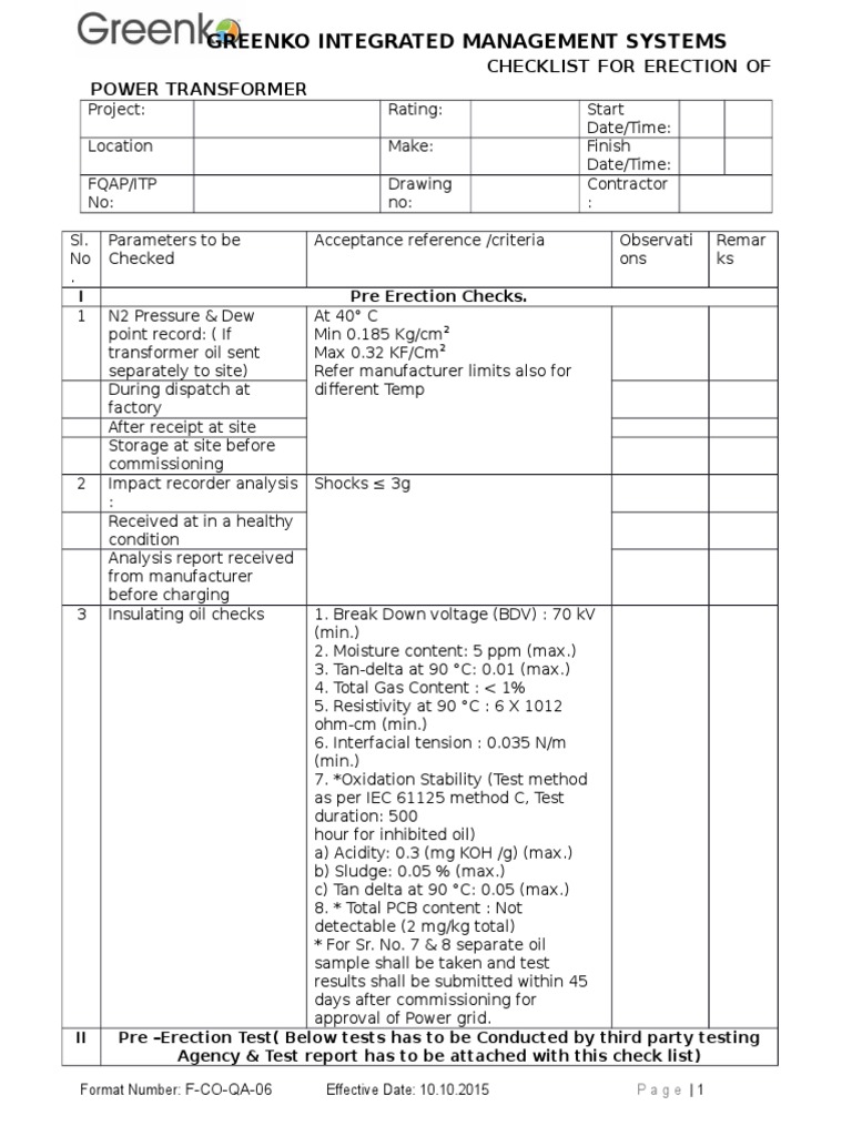 Power Transformer Erection Checklist | PDF | Transformer | Electric Current