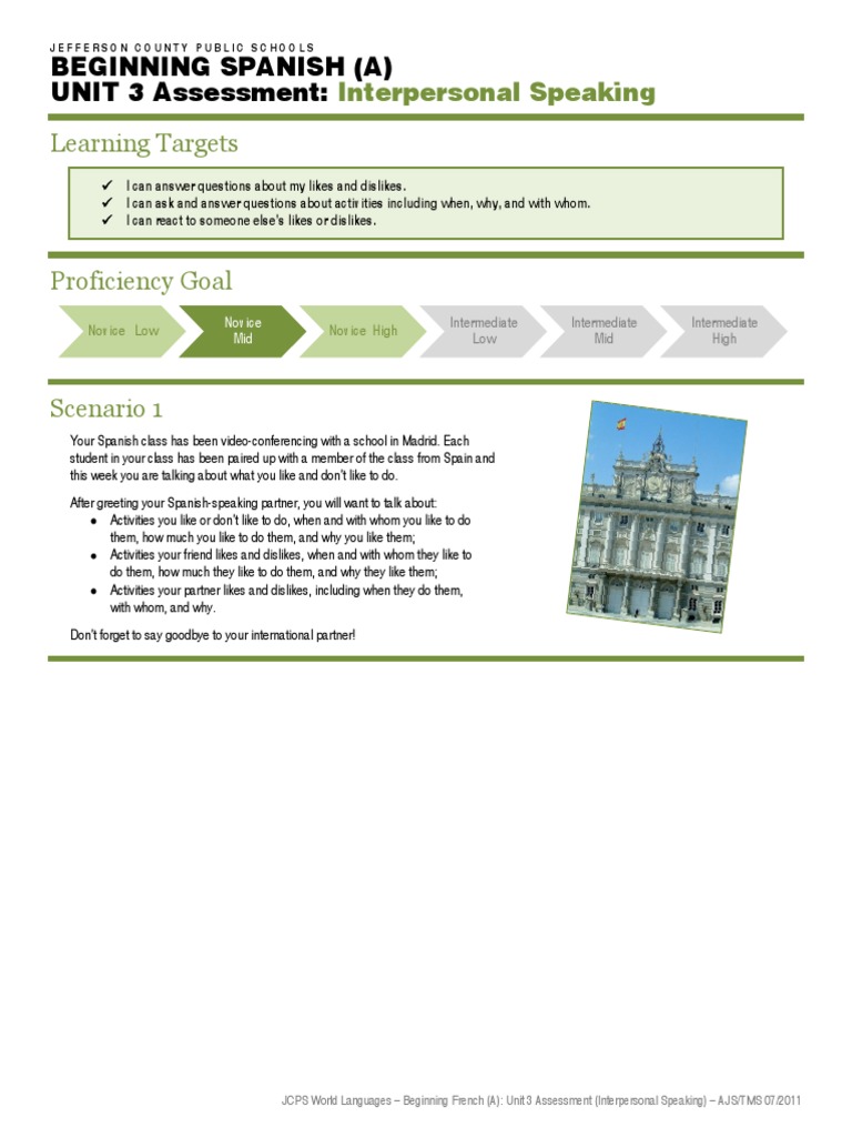 Kentucky World Language Unit Three Interpersonal Speaking Prompt | PDF