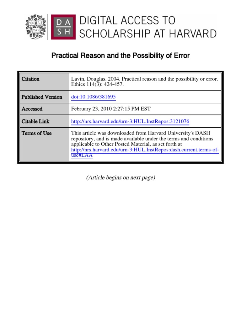 Practical Reason and The Possibility of Error: (Article Begins On Next ...