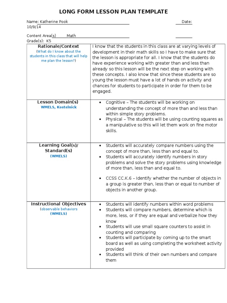 Long Form Lesson Plan Template: Rationale/Context | PDF ...