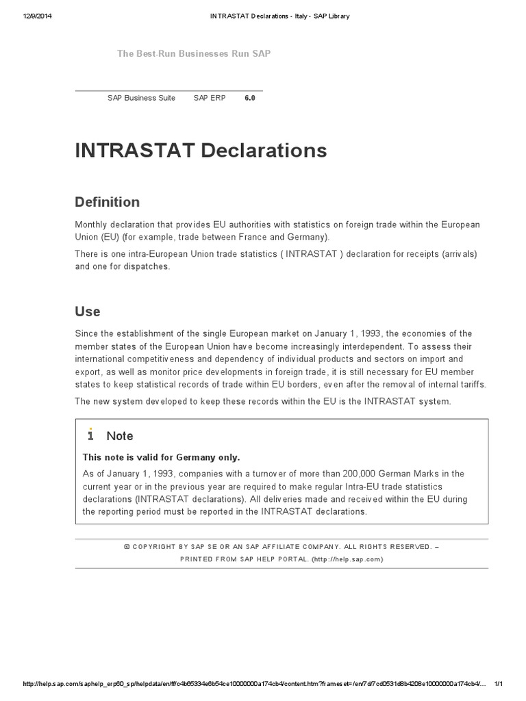 INTRASTAT Declarations Italy SAP Library