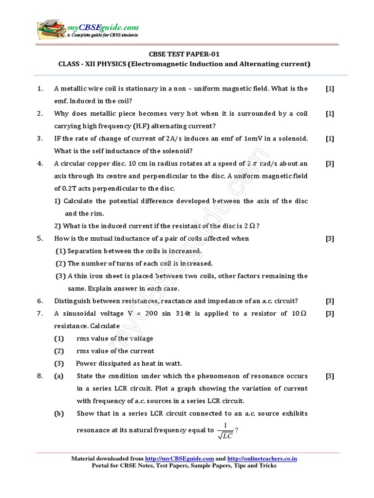 12 Physics Electromagnetic Induction and Alternating Current Test 01 | PDF