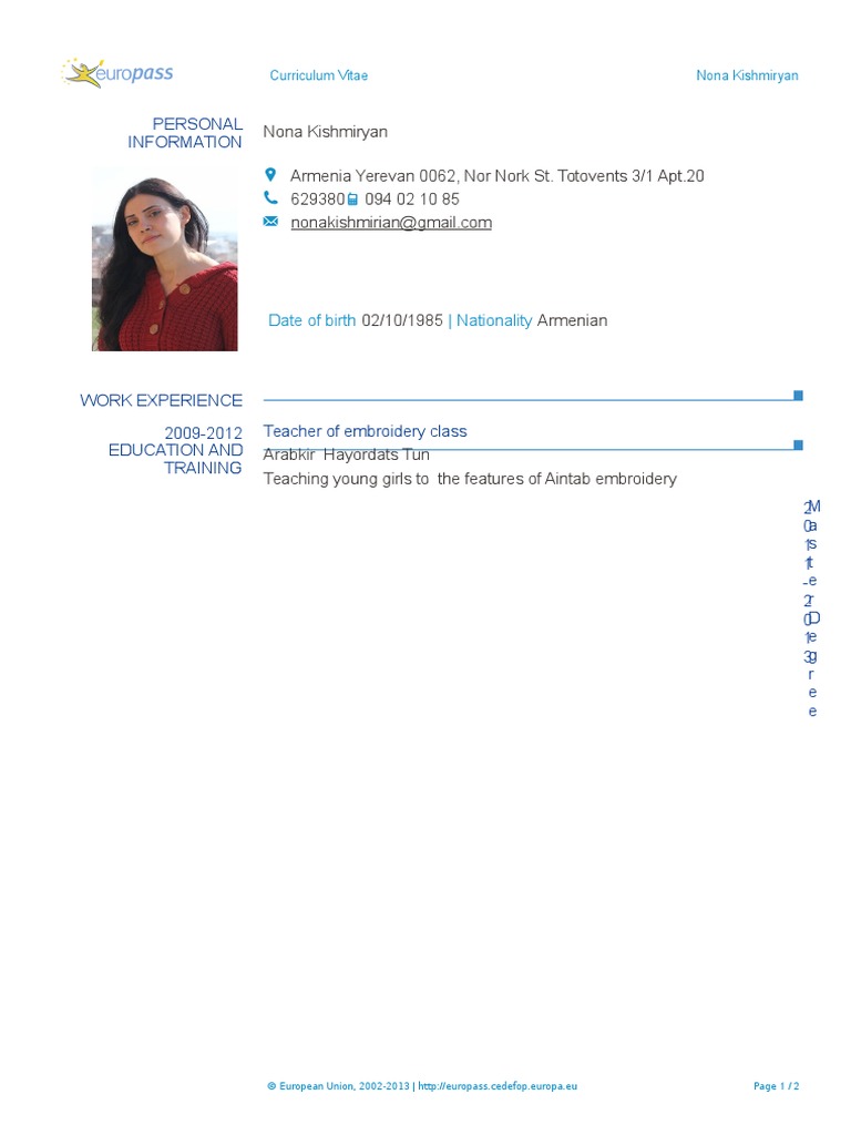 Nona Kishmiryan CV: Embroidery Teacher & Graphic Designer | PDF ...
