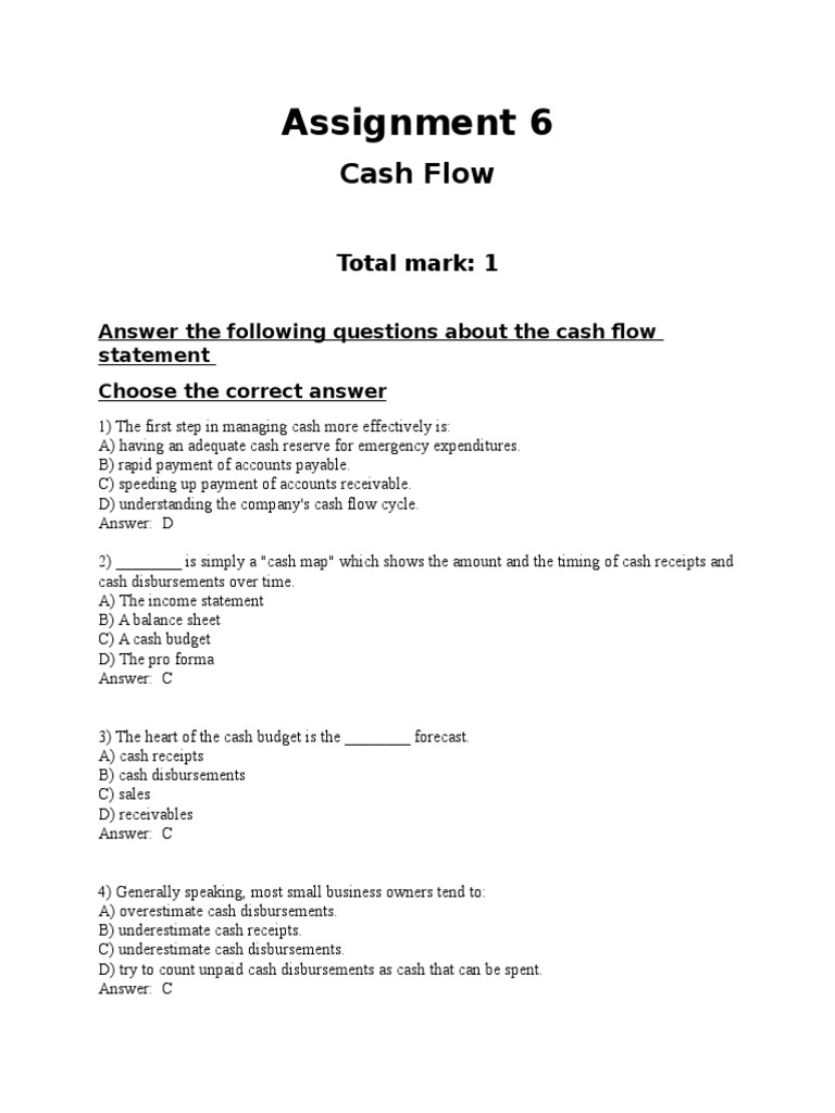 Cash Flow Management Quiz | PDF | Accounts Payable | Inventory