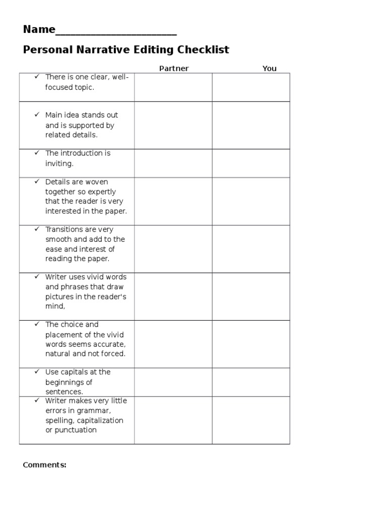 Personal Narrative Editing Checklist PDF