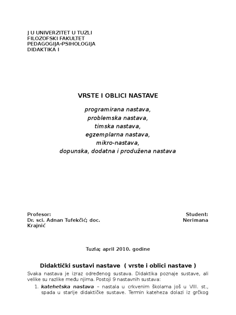 Vrste I Oblici Nastave | PDF