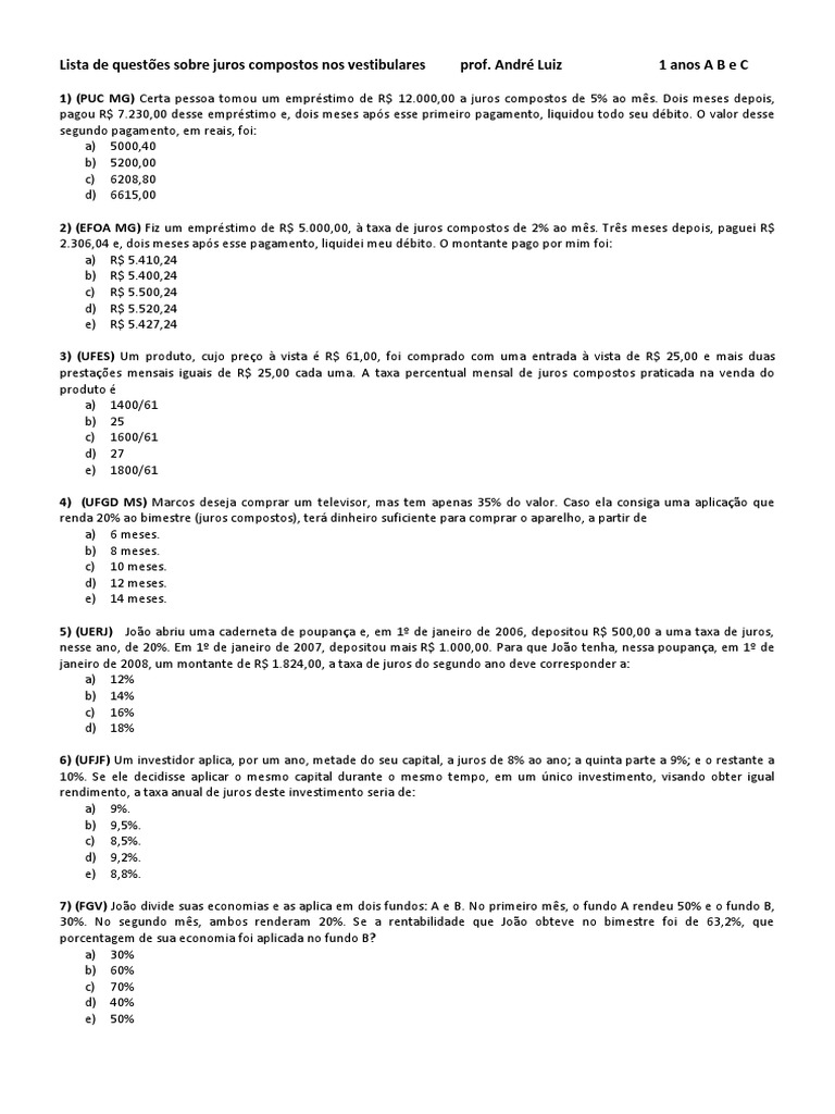 Questões sobre Juros Compostos para ENEM | PDF | Juros | Dinheiro