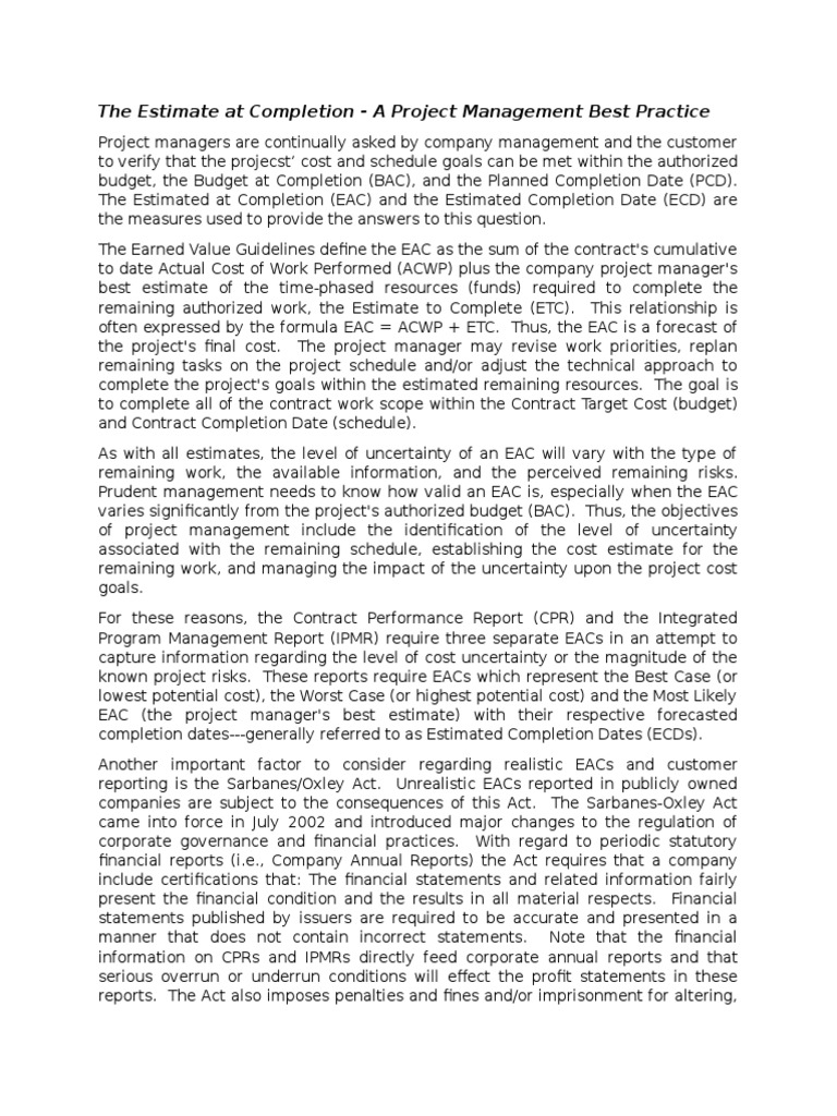 Estimate at Completion in Project Management | PDF | Sarbanes–Oxley Act ...
