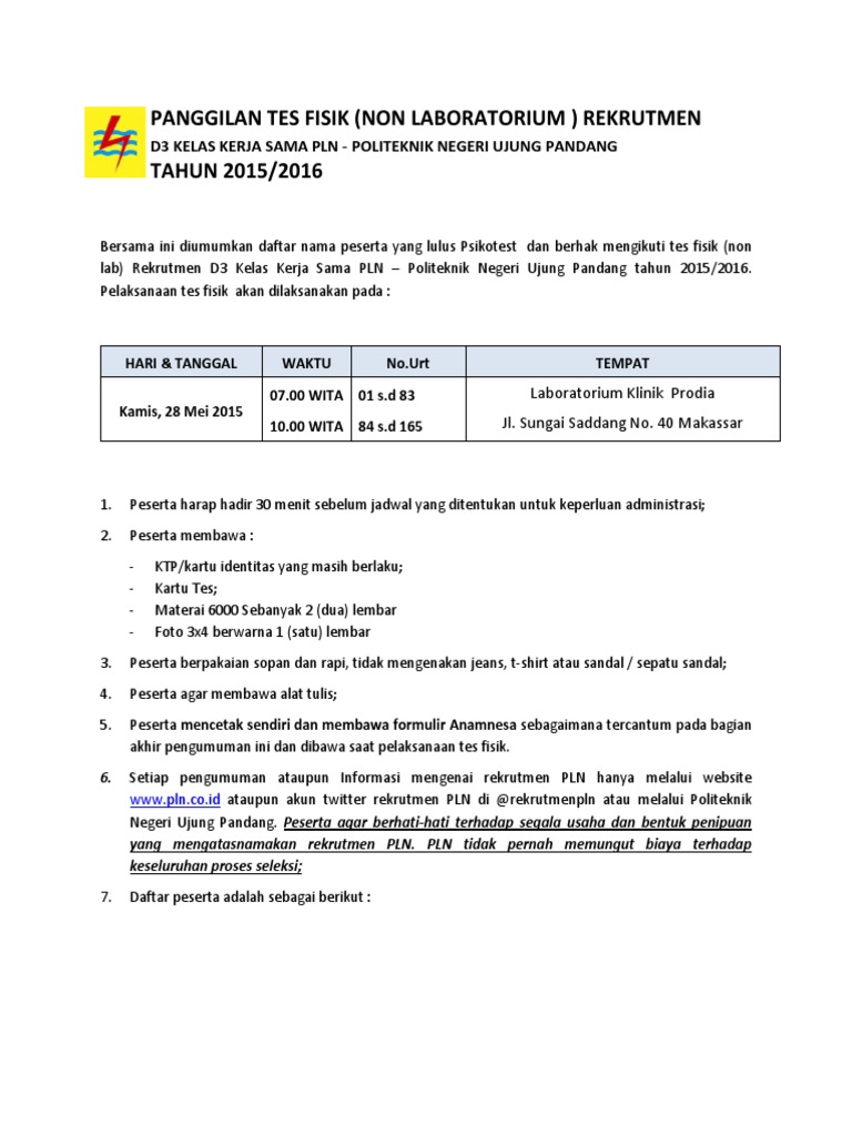 Pengumuman Panggilan Tes Kesehatan Fisik