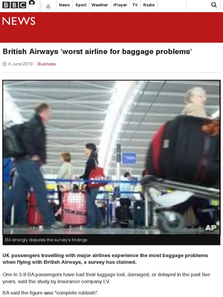 British Airways 'Worst Airline For Baggage Problems' BBC News PDF